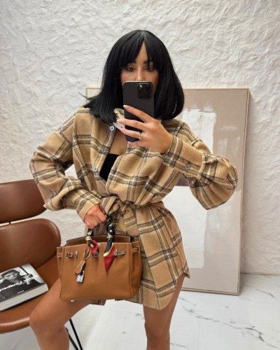 Koszula ocieplana z paskiem w kratę La Milla beżowa