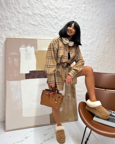 Koszula ocieplana z paskiem w kratę La Milla beżowa