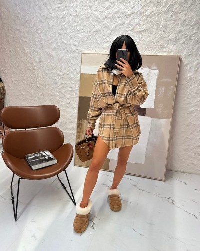 Koszula ocieplana z paskiem w kratę La Milla beżowa