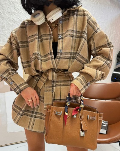 Koszula ocieplana z paskiem w kratę La Milla beżowa