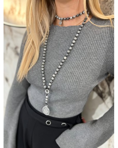 Naszyjnik różaniec z jaspisu szarego By o la la...! moneta srebrna