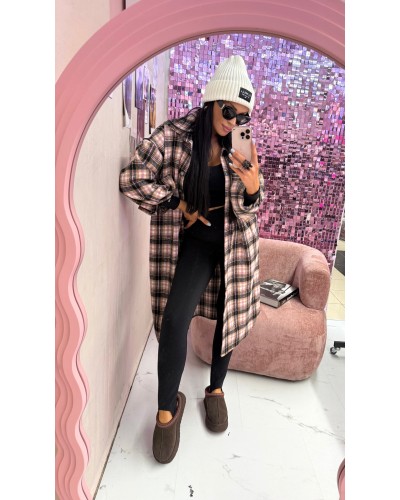 Długa flanelowa koszula w kartę La Milla różowa z czarnym