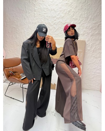 Spodnie materiałowe z siateczkowym lampasem La Milla czekoladowe