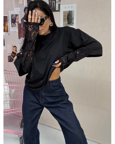 T-shirt z koronkowym rękawem La Milla czarny