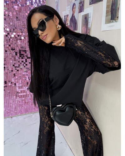T-shirt z koronkowym rękawem La Milla czarny