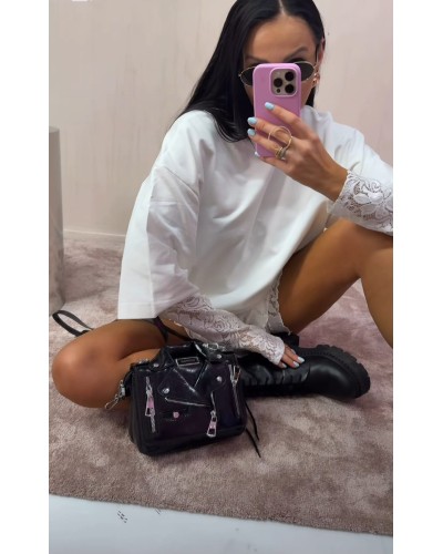 T-shirt z koronkowym rękawem La Milla śmietankowy