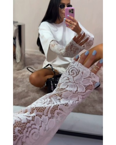 T-shirt z koronkowym rękawem La Milla śmietankowy