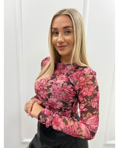 Bluzka siateczka w kwiaty La Milla ciemny róż z brązem