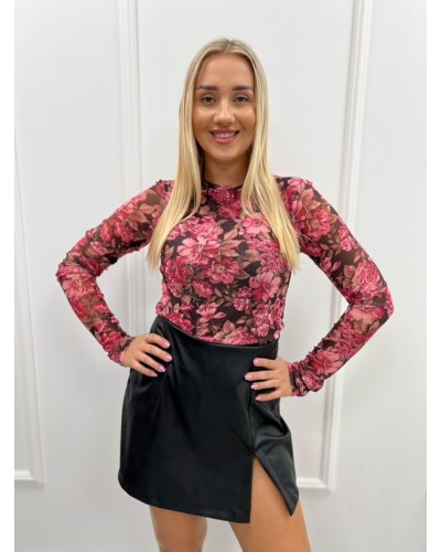 Bluzka siateczka w kwiaty La Milla ciemny róż z brązem