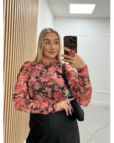 Bluzka siateczka w kwiaty La Milla różowy z brązem