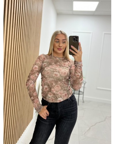 Bluzka siateczka w kwiaty La Milla pudrowy róż z beżem
