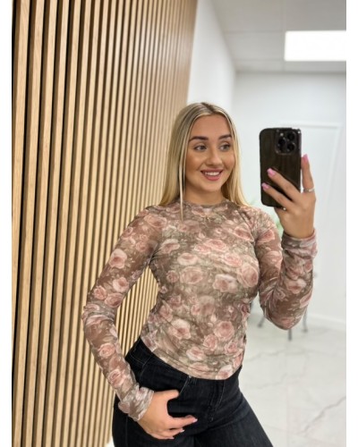Bluzka siateczka w kwiaty La Milla pudrowy róż z beżem