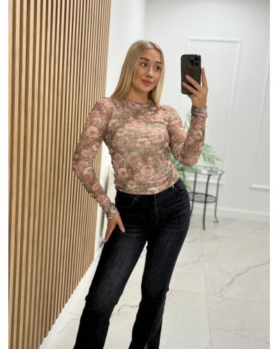 Bluzka siateczka w kwiaty La Milla pudrowy róż z beżem