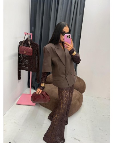 Marynarka z koronkowym rękawem La Milla czekoladowa