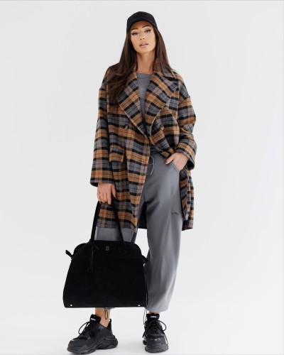 Płaszcz koc w kratę By o la la...! szary z camelem