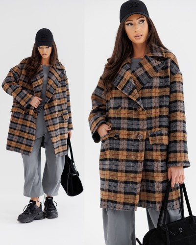 Płaszcz koc w kratę By o la la...! szary z camelem