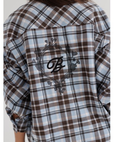 Koszula w kratę z logowaniem na plecach By o la la...! błękitna z czekoladą