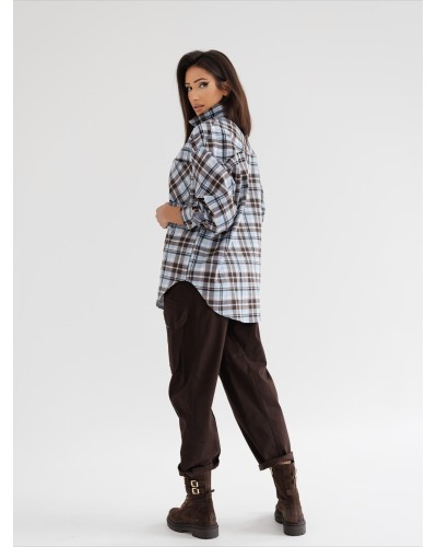 Koszula w kratę z logowaniem na plecach By o la la...! błękitna z czekoladą